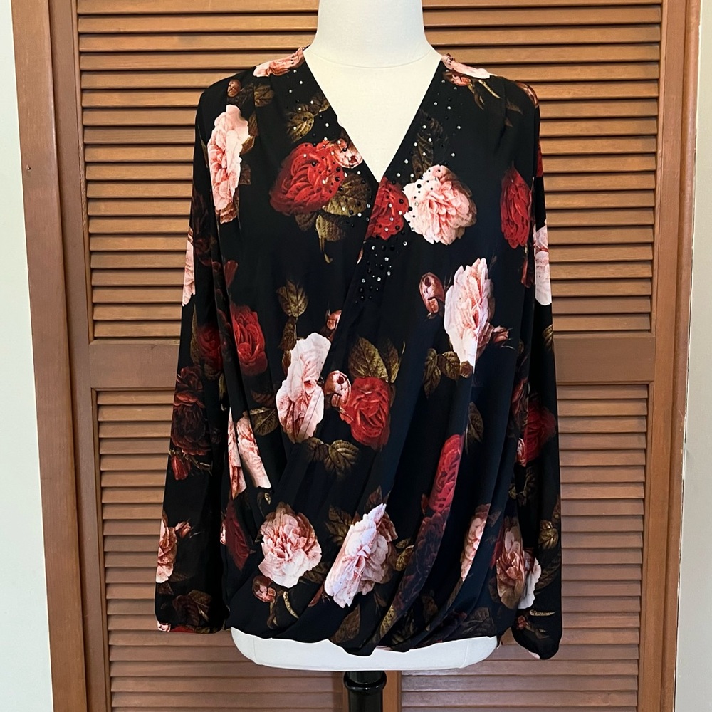 Lane Bryant floral embellished drape front blouse top 14/16 plus size black NWT